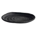 Deep black oval ribbed tray with a fine, textured surface and a raised rim.