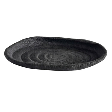 Deep black oval ribbed tray with a fine, textured surface and a raised rim.