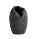 Deep black ribbed vase with fine ridges.