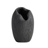 Deep black ribbed vase with fine ridges.