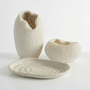 Atoll modern 3-piece table decor set featuring a matte white ribbed vase, rounded bowl, and display oval tray.