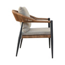 Outdoor armchair with a woven wicker frame, light grey seat and back cushions, angle.