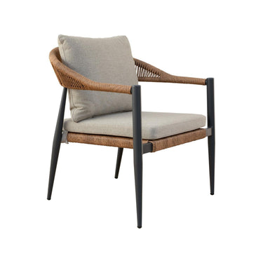Outdoor armchair with a woven wicker frame, black metal legs, and light grey cushions.