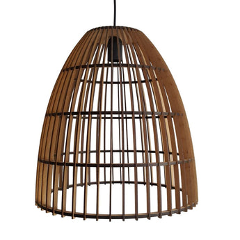 Wooden basket pendant light with slatted frame and natural finish, casting patterned ambient light.