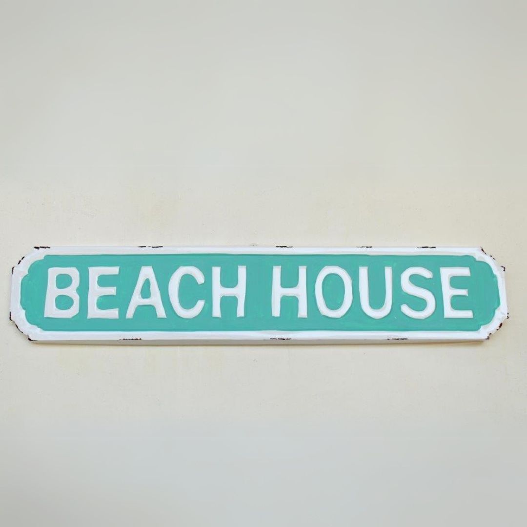 beach house enamel turquoise sign