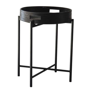 Black metal side table with circular tray