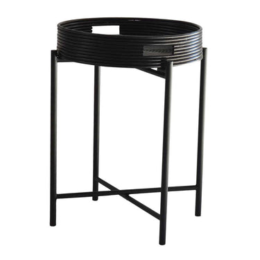 Black metal side table with circular tray top.