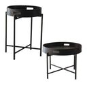 Two black round trays with metal stands 