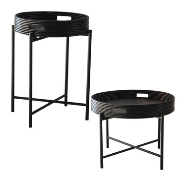 Two black round trays with metal stands 