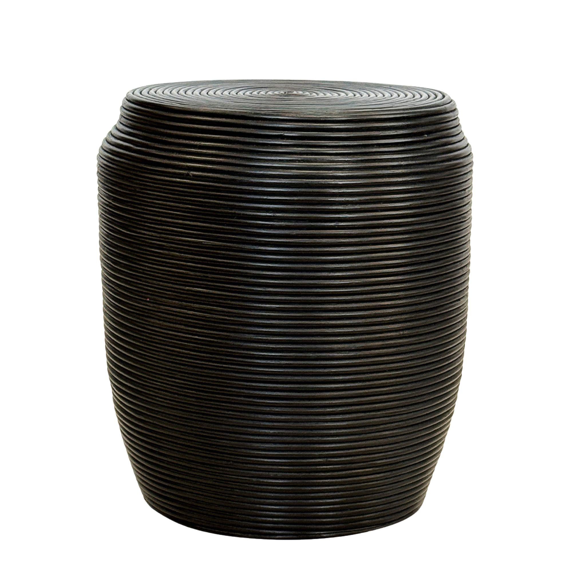 Black Coiled Rattan Stool showing coiled spiral rattan texture