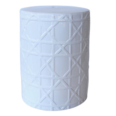 Textured garden stool with a white gloss finish, also used as a side table