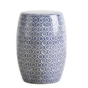 Blue and white ceramic stool with a traditional floral pattern.