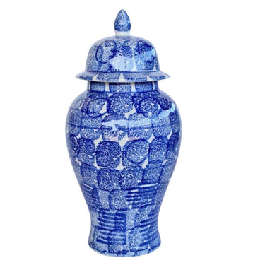 Large geometric patterned ginger jar in Blue and white with a lid.