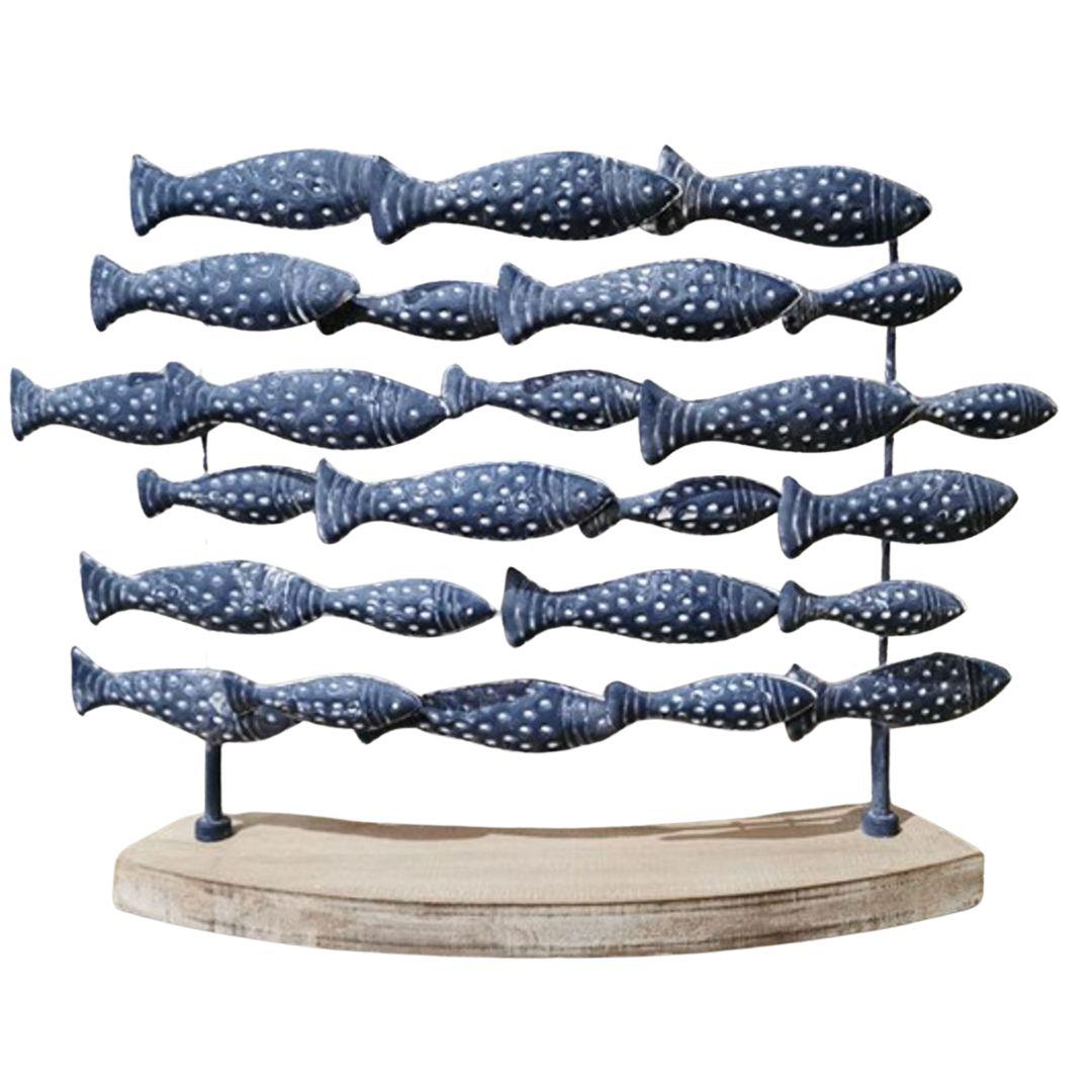School of blue metal fish on wooden stand