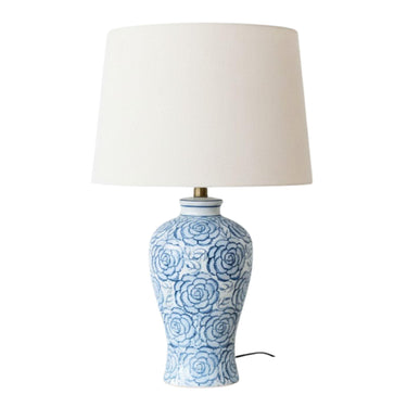 Blue floral ceramic lamp with linen shade