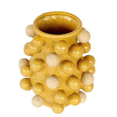 Decorative yellow vase with ceramic bobbles and speckled detailing