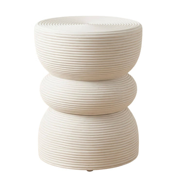 A modern three-tiered side table ribbed textured rattan finish in white.