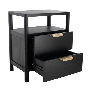 Bordeaux bedside table with drawers and open top shelf.