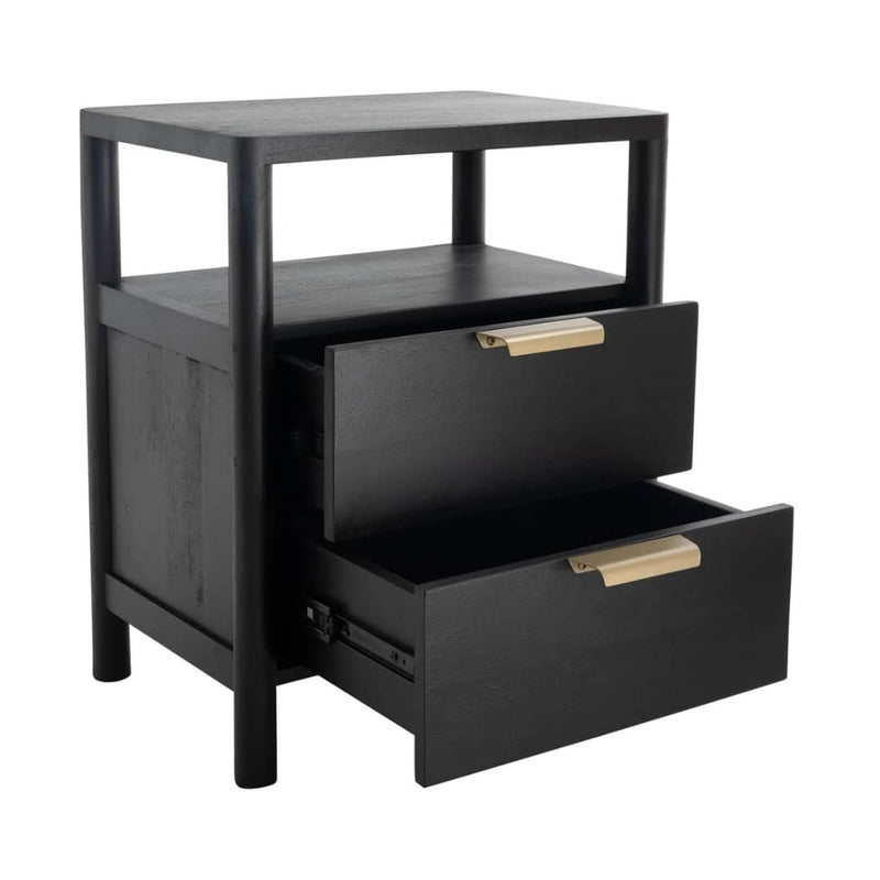 Bordeaux bedside table with drawers and open top shelf.