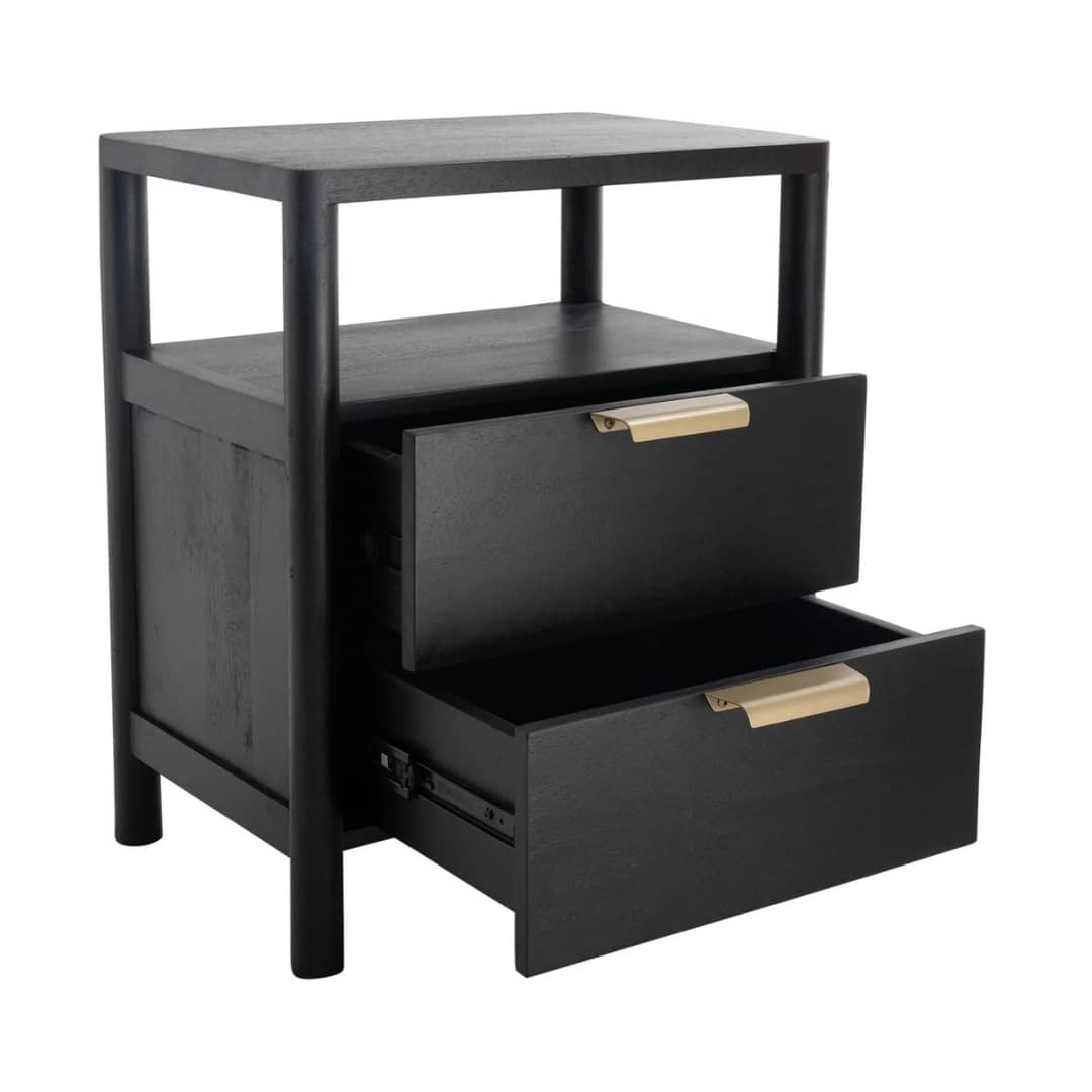 Elegant bedside table in black with functional storage, available online at Woodka Interiors South Africa