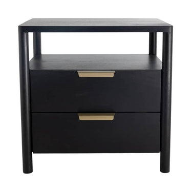 Stylish bedside table in black with brass handles  with ample storage, available online at Woodka Interiors South Africa