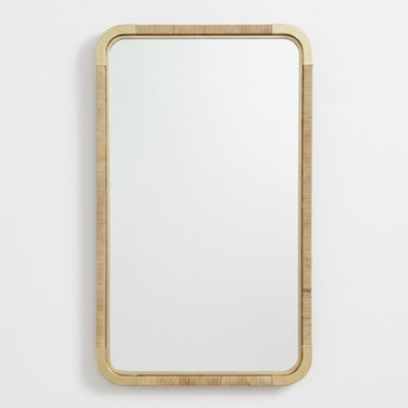 rectangular  Wall Mirror featuring a slim gold metal frame with intricate hand-woven rattan detailing and elegant softly rounded corners.