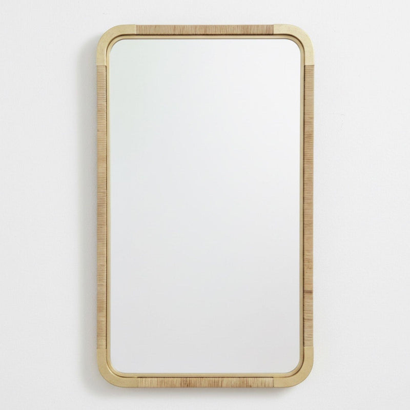 rectangular  Wall Mirror featuring a slim gold metal frame with intricate hand-woven rattan detailing and elegant softly rounded corners.
