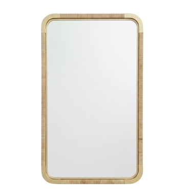  Large Cairo Wall Mirror featuring a slim gold metal frame with intricate hand-woven rattan detailing and elegant softly rounded corners.