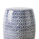 Detailed close-up of the  floral design and glossy glaze on the blue and white ceramic stool.