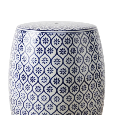 Detailed close-up of the  floral design and glossy glaze on the blue and white ceramic stool.