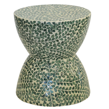 Capiz green accent stool with hourglass shape