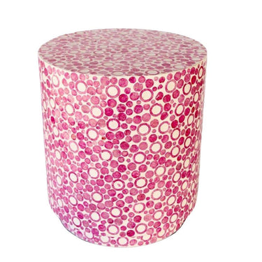 Round stool with pink and white circular pattern 