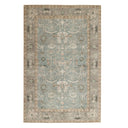 Area rug with a distressed Persian-inspired aesthetic in muted blue and natural desaturated tones