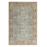 Area rug with a distressed Persian-inspired aesthetic in muted blue and natural desaturated tones