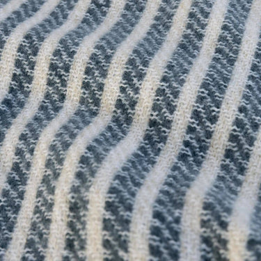 Close up texture of the woven blue stripe pattern on the Celine Lagoon throw.
