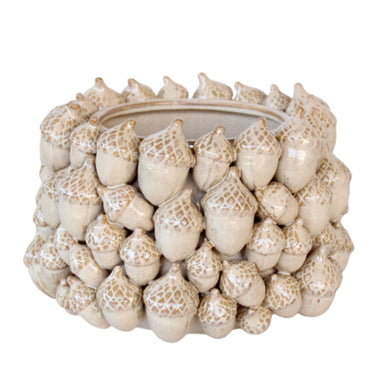 Ceramic acorns vase with cream-beige glaze and sculpted acorns.