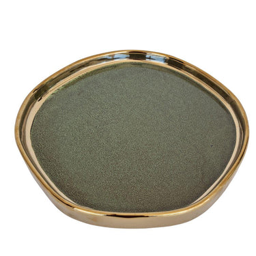 Large green ceramic tray with gold rim and organic shape