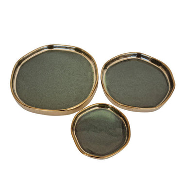 Set of three green ceramic trays with gold rim in different sizes displayed separately