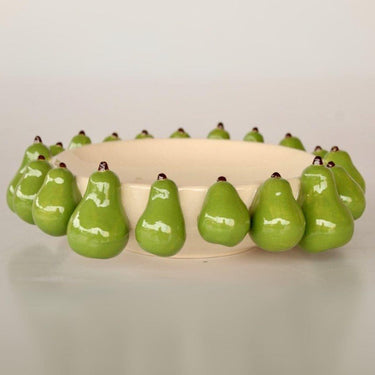 Handmade ceramic fruit display bowl with green ceramic pears