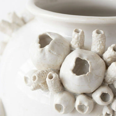 Close-up of a white ceramic vase decorated with sculpted coral-like protrusions in a matte finish.