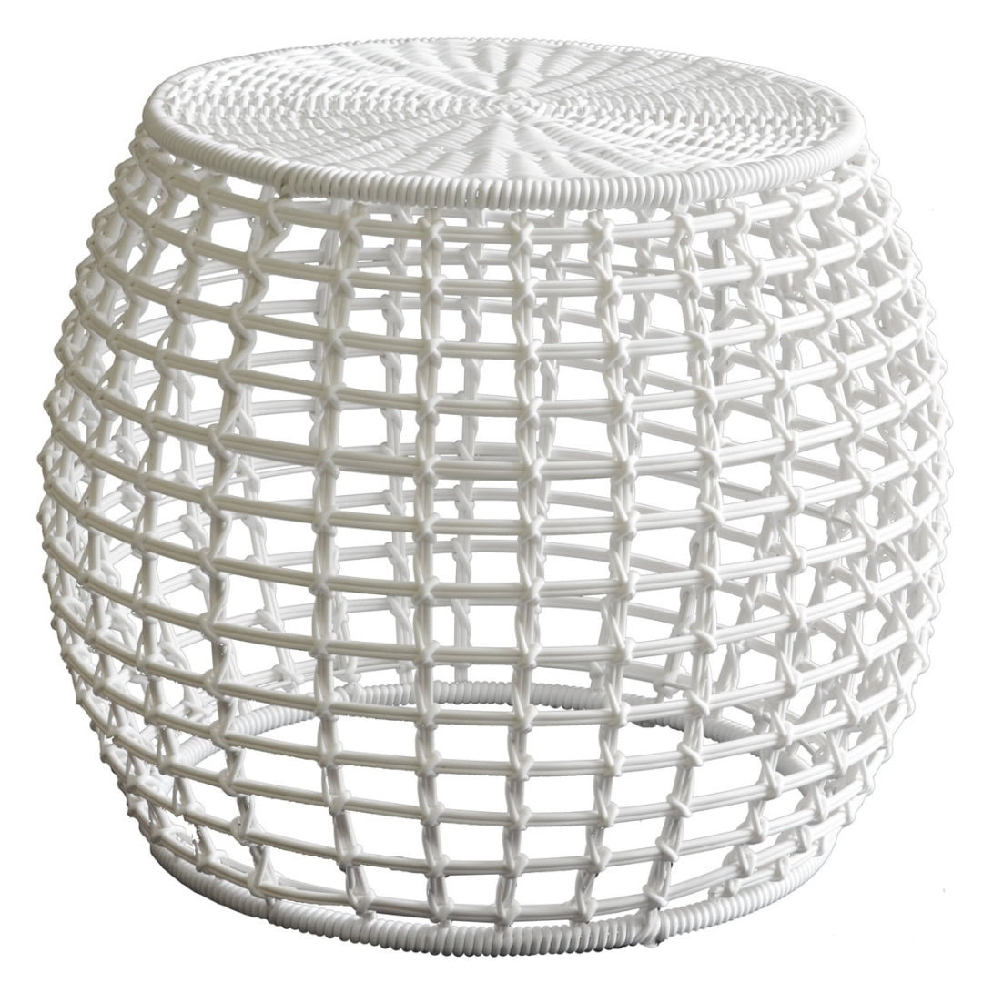 White outdoor side table with a checkered pattern, ideal for patio decor