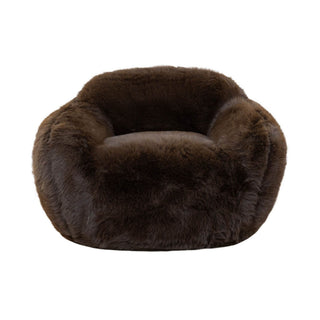 Snuggles chocolate brown lounge chair showing the thick, cloud-soft faux fur upholstery.
