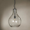 Clear glass pendant light with a bulbous teardrop shape, suspended from a black metal chain with an exposed Edison-style light bulb inside.