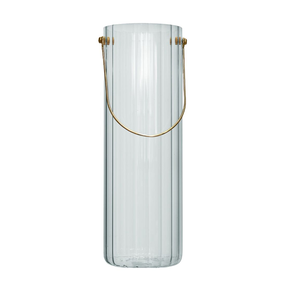 cylindrical ribbed glass vase with metal handle