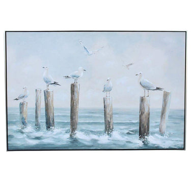 Coastal Gathering wall art with dock pilings and seagulls
