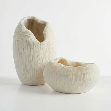 decorative white vase and bowl in white.one tall and one short.