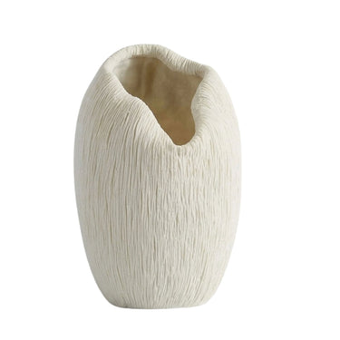 white textured ceramic vase with a vertical ribbed pattern and an irregular, open top.