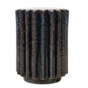round side table with a fluted, ribbed design in dark blue and black textured glaze with bronze-toned metallic accents along the vertical grooves.