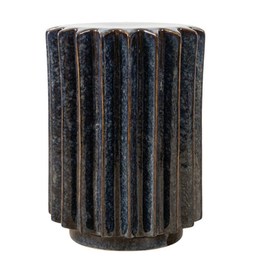 round side table with a fluted, ribbed design in dark blue and black textured glaze with bronze-toned metallic accents along the vertical grooves.