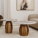 Two-piece coffee table set made of marble and mango wood.